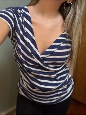 Y2K VANITY Navy and White Striped Wrap-Front Top